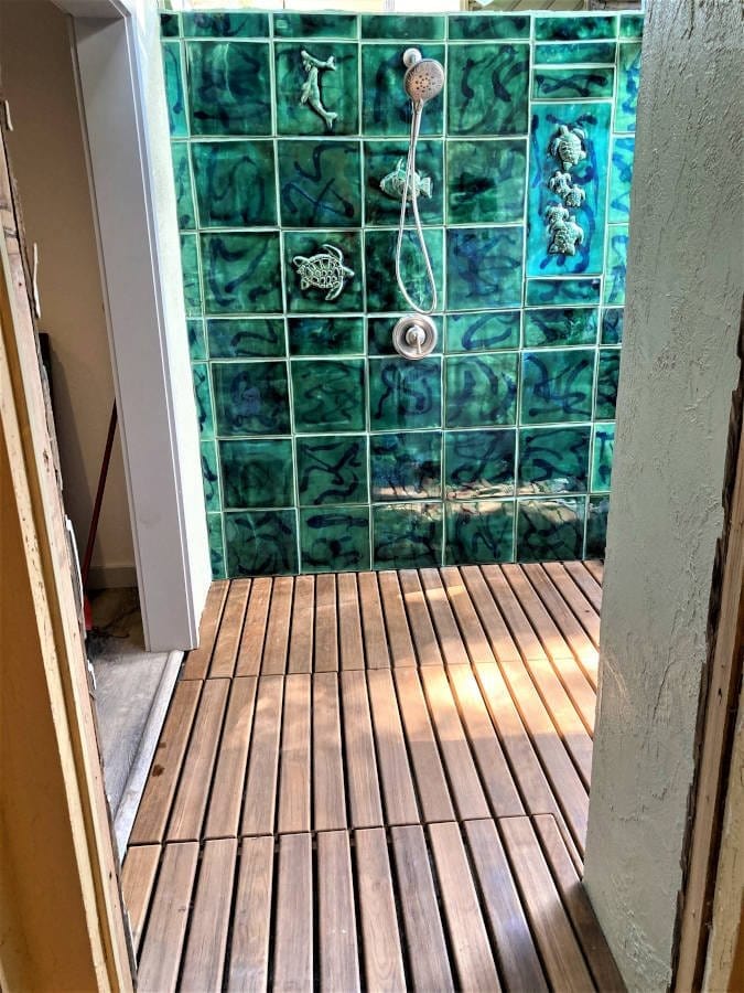 Ceramic Designs by Albert Bathroom installation Outdoor Bathroom Shower Wall Green Tile