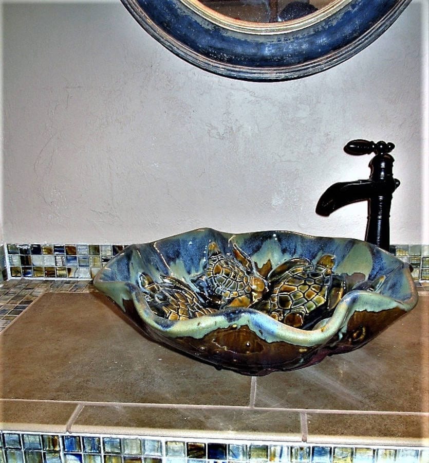 Ceramic Designs by Albert Bathroom Sink Above Counter Bathroom Sink with a bamboo rim design, tropical bathroom decor ideas