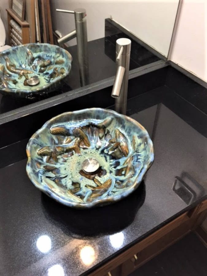 Ceramic Designs by Albert bathroom sink Bathroom Sink with Maui ocean blues accents of white glazes, tropical bathroom design ideas