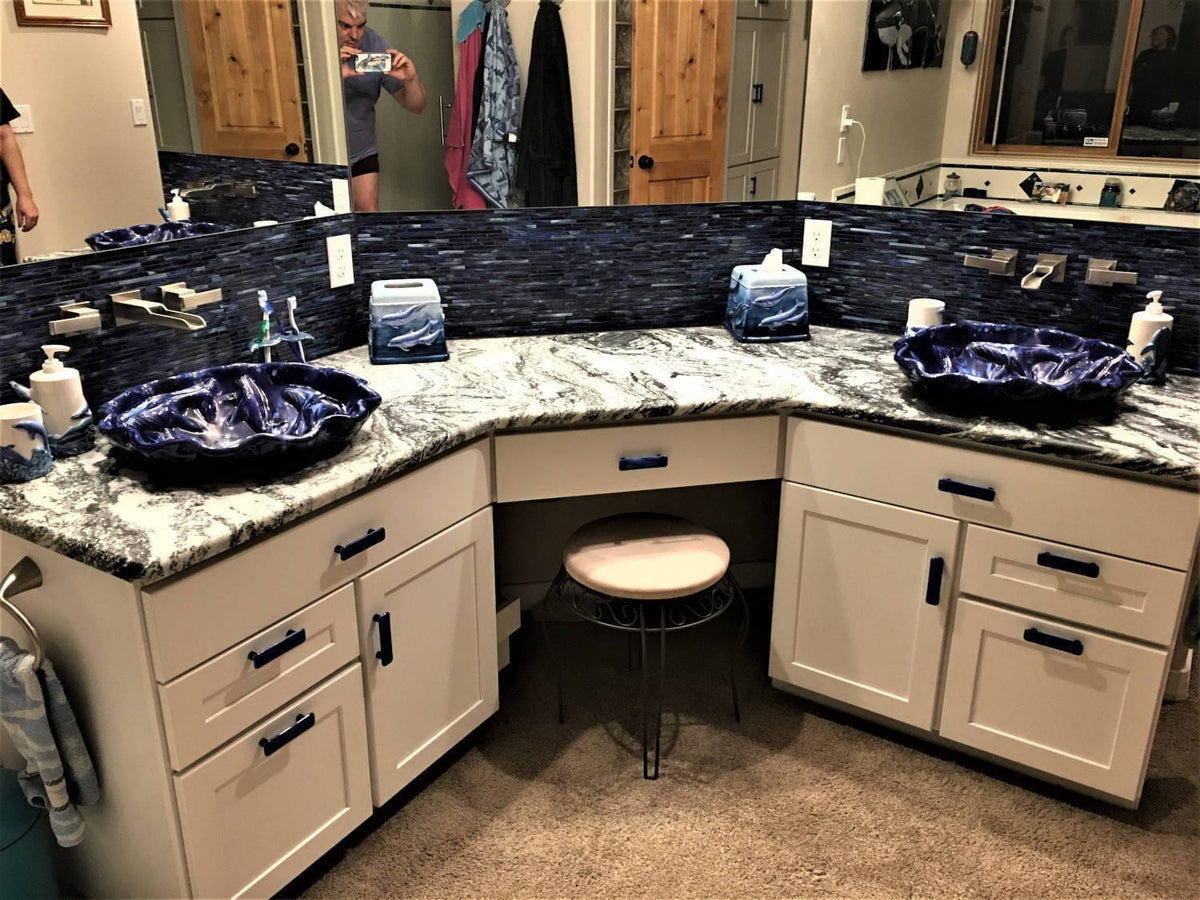 Ceramic Designs by Albert Sink Installation Blue Handmade Ceramic Bathroom Sinks