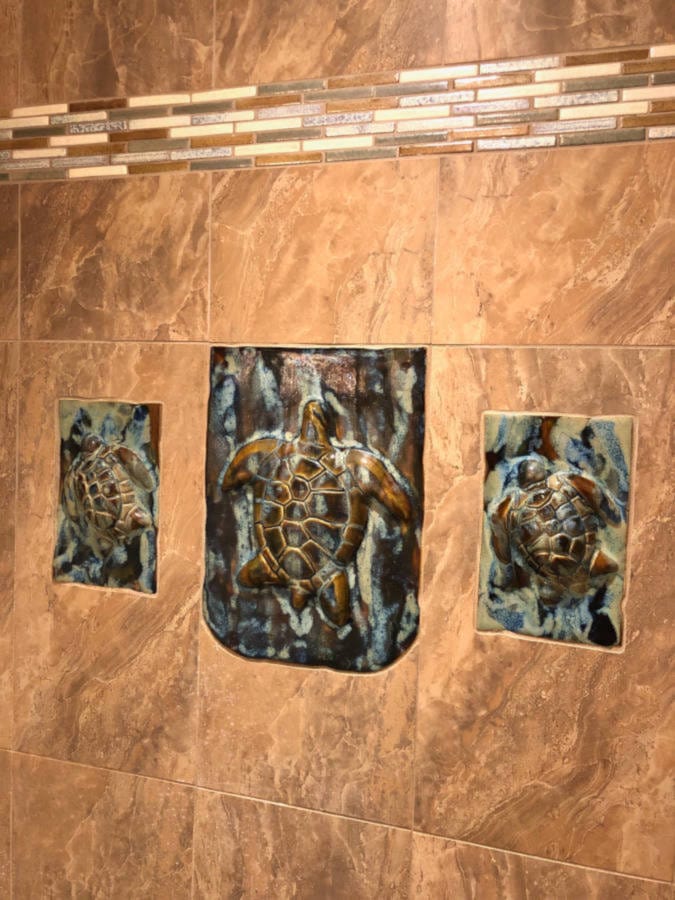 Ceramic Designs by Albert small plaque Ceramic Kitchen Backsplash, ceramic sea turtle artwork, tropical Hawaiian home decor, bathroom shower tile, ceramic turtle, turtle artwork,