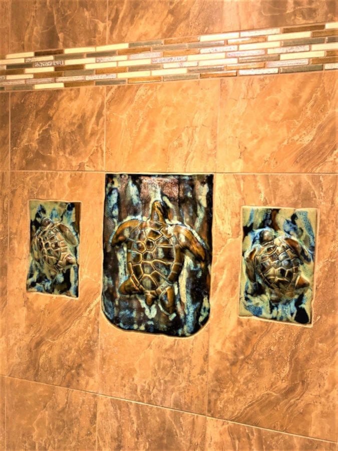 Ceramic Designs by Albert small plaque Hawaiian Plumeria Flower Wall Hanging, Bathroom Shower tile, Indoor Outdoor Tiles, Tropical Hawaiian Artwook