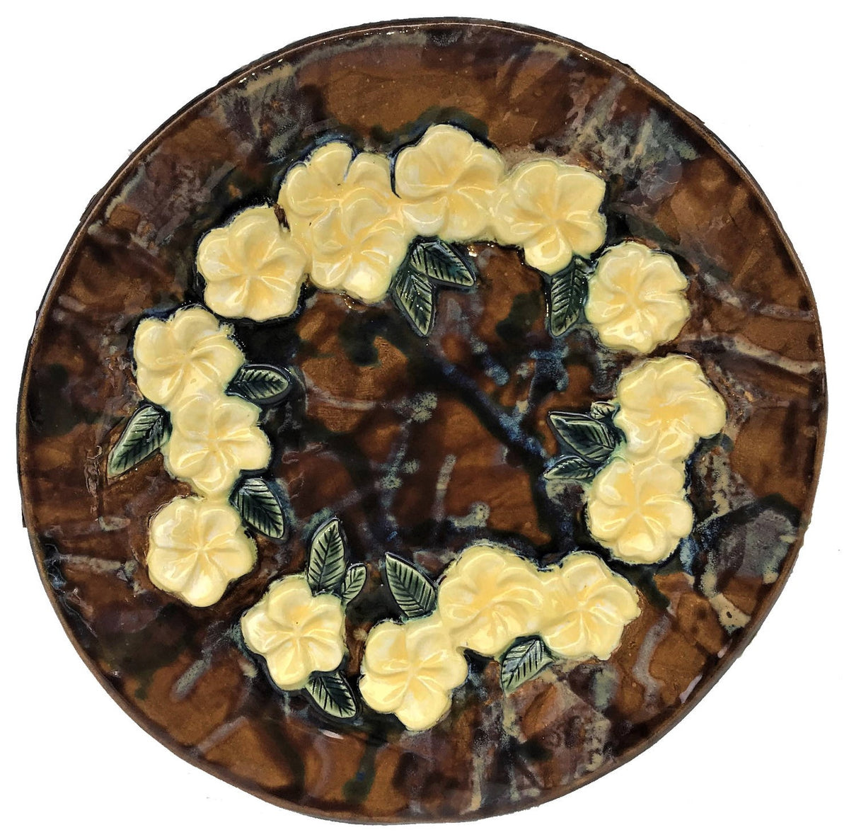 Our circular Hawaiian Plumeria Flower Wall Plaque with Browns and Yellows