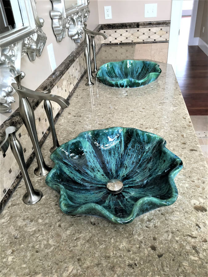 Turquoise Green Above Vessel Bathroom Sink with a scalloped rim is available for a single or double vanity.