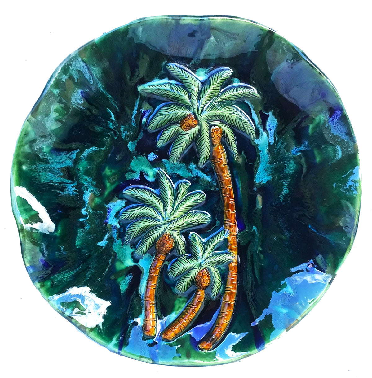 Ceramic Circular Hawaiian Palm Tree Wall Artwork “Maui Swaying Palm Trees"