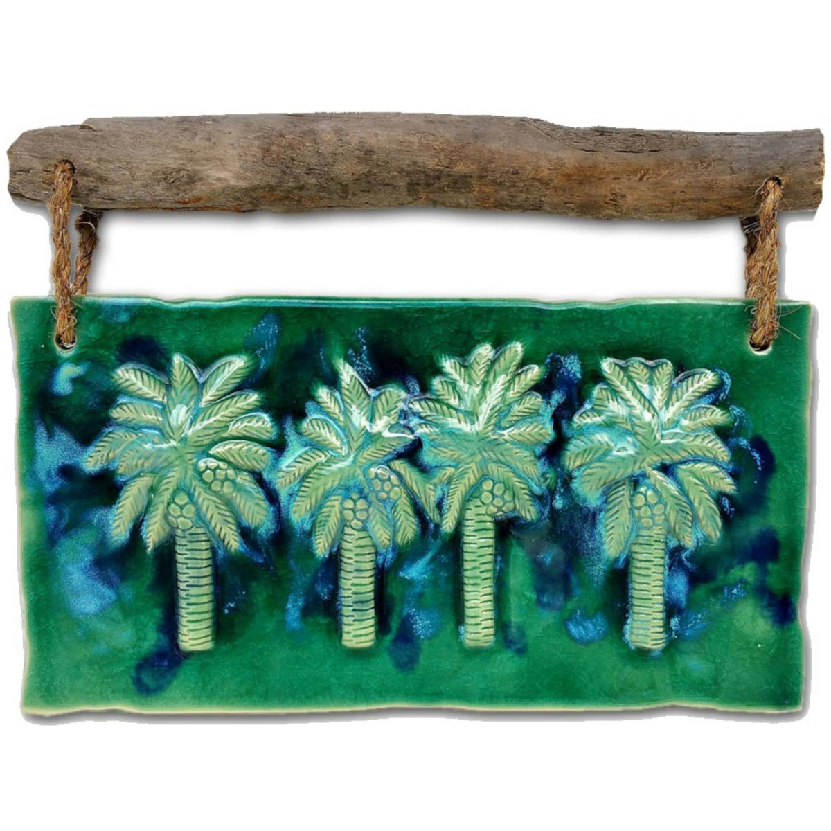Ceramic Green Palm Tree Decorative Wall Artwork with driftwood, can use Indoors or Outdoors