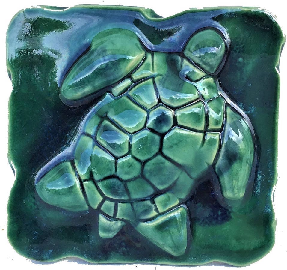 Ceramic Designs by Albert 6x6 Tile Ceramic Green Hawaiian Sea Turtle Outdoor Bathroom Shower Tiles, Tropical Beach House Decor