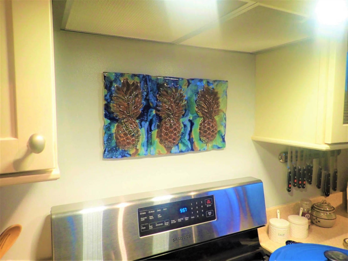 Ceramic Designs by Albert 6x6 Tile Maui Sweet Pineapple Ceramic Wall Hanging Artwork, green ceramic pineapple, beach house artwork, bathroom shower tiles