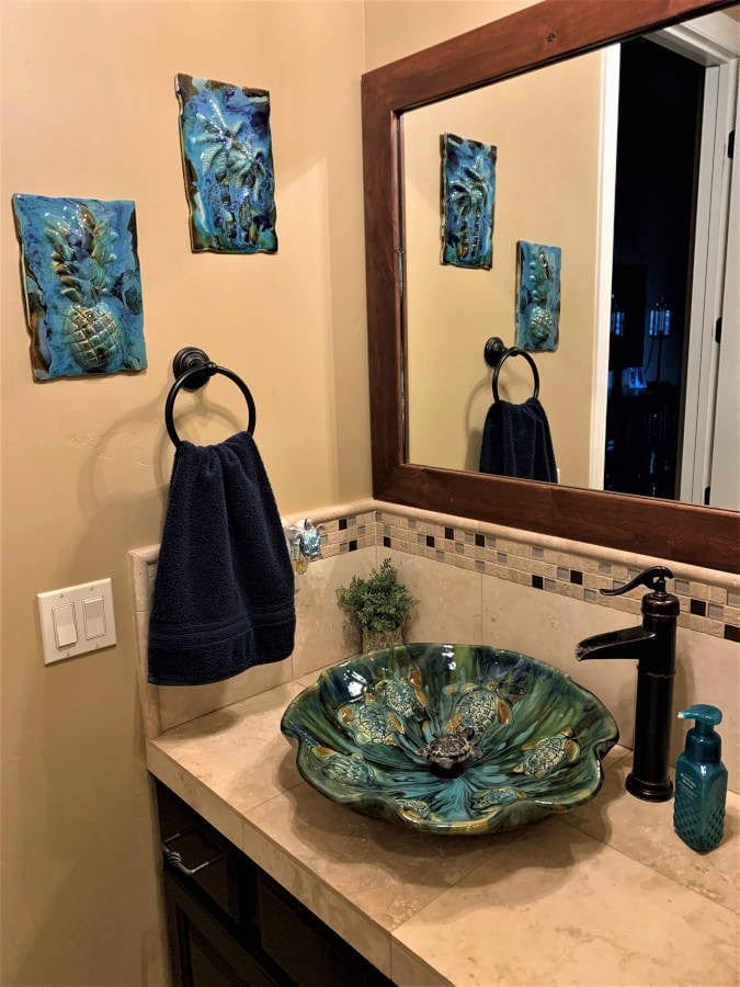Ceramic Designs by Albert Bathroom Sink Above Counter Bathroom Sink with a bamboo rim design, tropical bathroom decor ideas