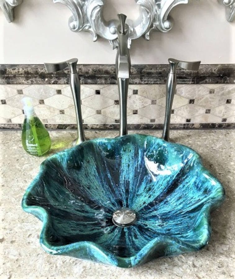 Ceramic Designs by Albert bathroom sink Turquoise Green Blue Turquoise Green Above Vessel Bathroom Sink with a scalloped rim is available for a single or double vanity.