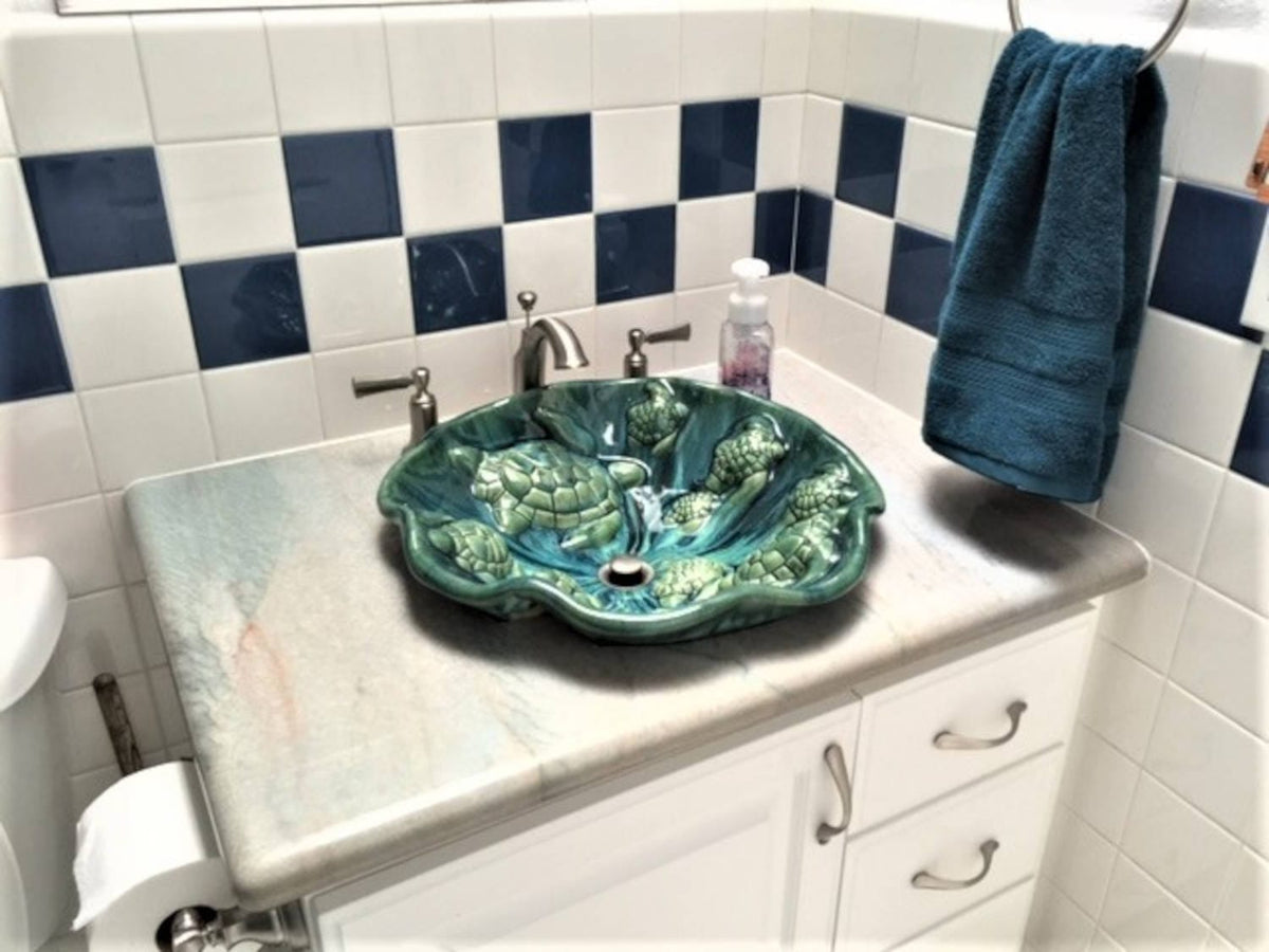 Ceramic Designs by Albert bathroom sink Turquoise Green Blue Turquoise Green Above Vessel Bathroom Sink with a scalloped rim is available for a single or double vanity.