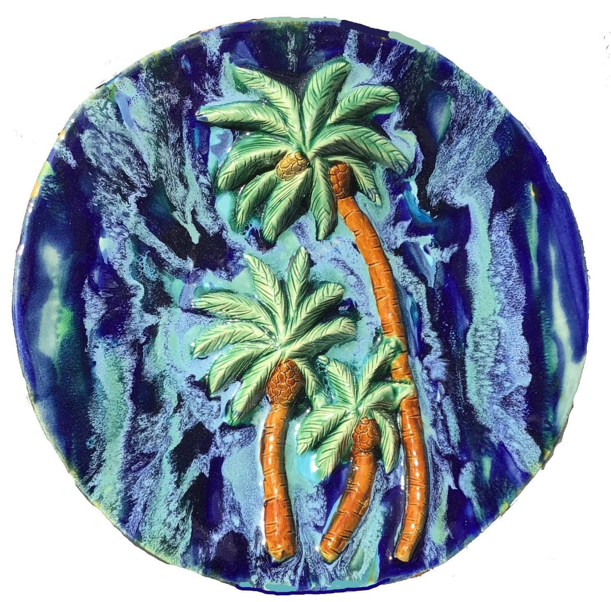 Ceramic Designs by Albert Bowls Plaques Ceramic Circular Hawaiian Palm Tree Wall Artwork “Maui Swaying Palm Trees"