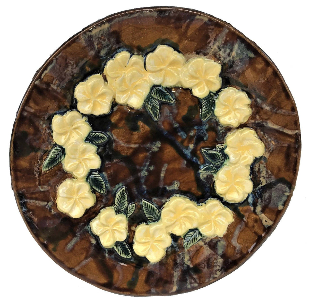 Ceramic Designs by Albert Bowls Plaques Our circular Hawaiian Plumeria Flower Wall Plaque with Browns and Yellows