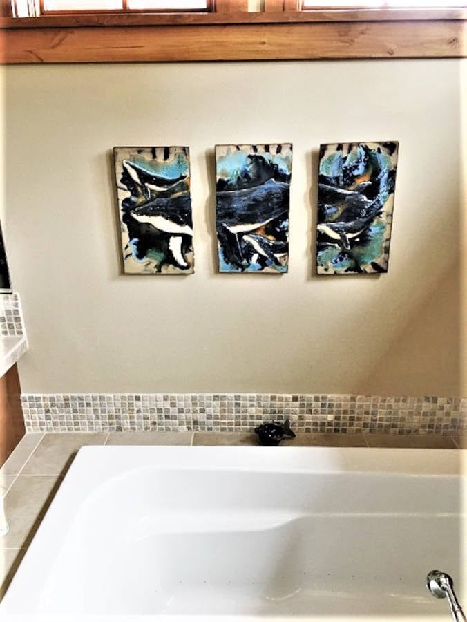 Ceramic Designs by Albert Ceramic Large Plaque Ceramic Hawaiian Humpback Whale four Panels, A Maui Humpback Whale Mother and Calf theme