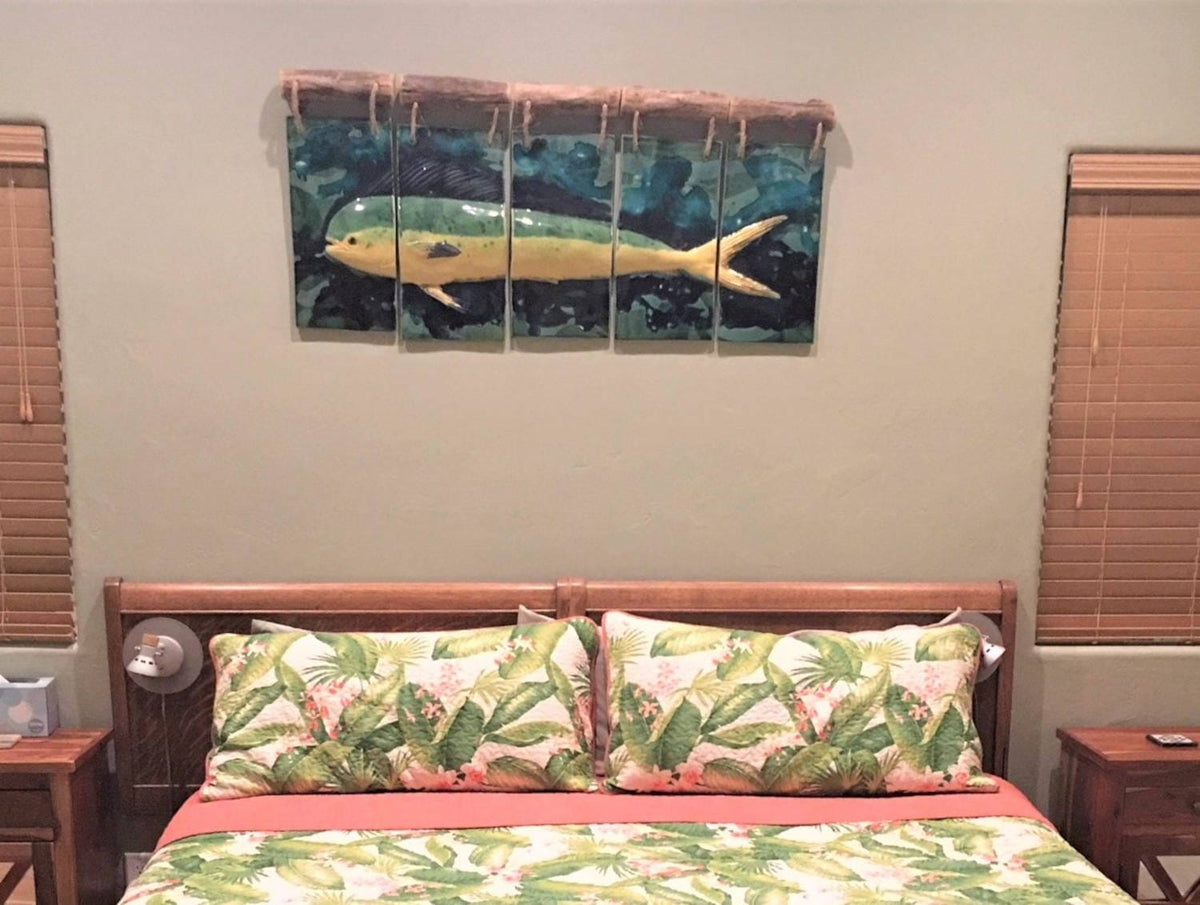 Ceramic Designs by Albert Driftwood Hawaiian Dolphin Wall Hanging "Mahi-mahi," tropical beach house wall artwork, fish artwork