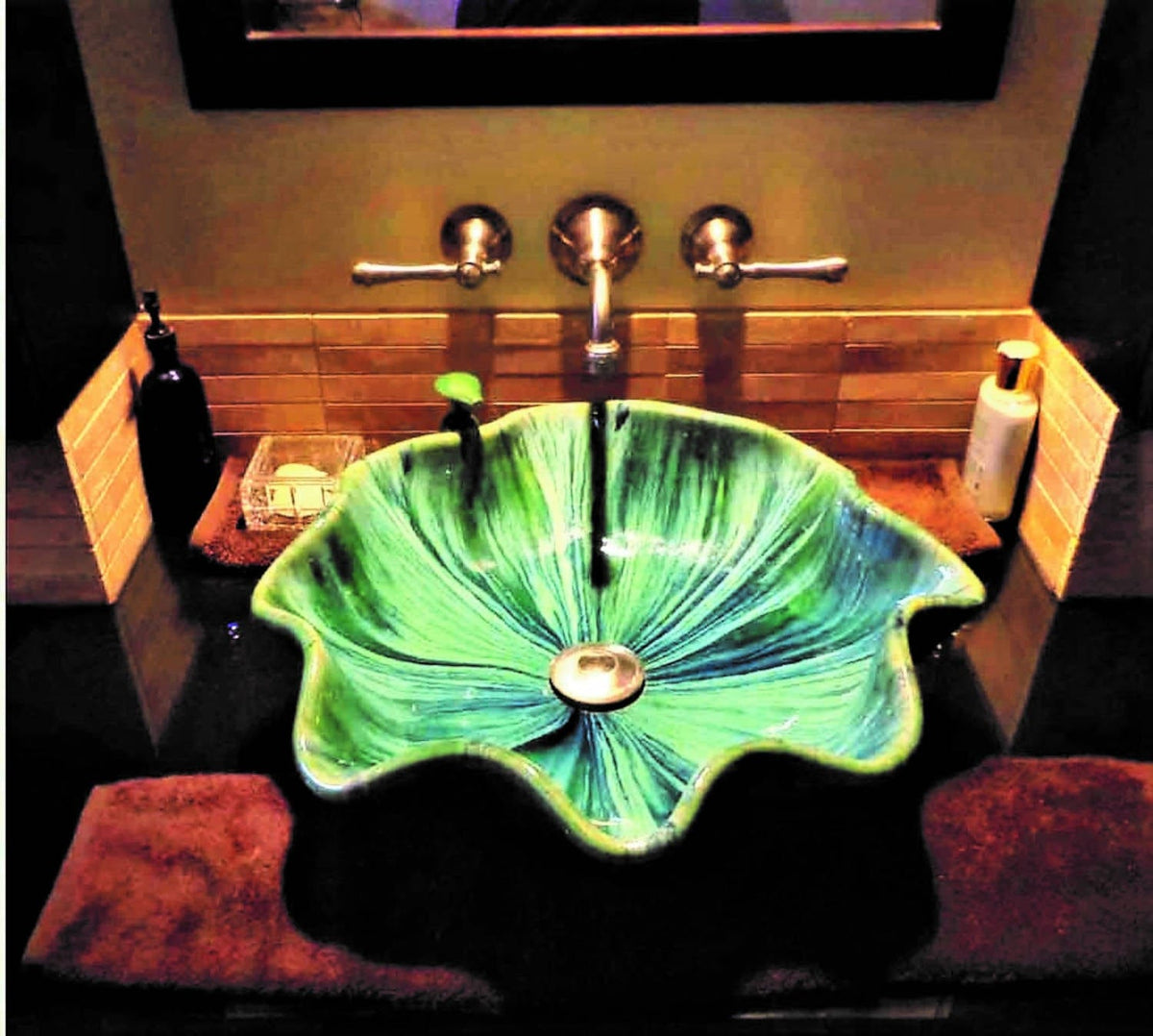 Ceramic Designs by Albert LLC Bathroom Sink Above vessel bathroom sink, with ultra turquoise & sandstone glazes, and eight relief turtles.