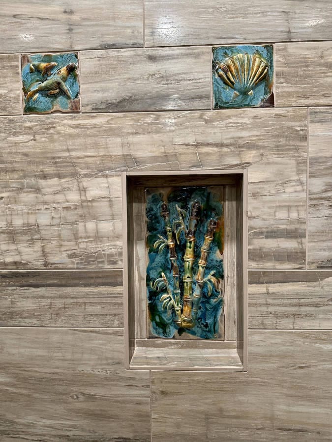 Ceramic Designs by Albert Medium PLaque Ceramic Plumeria Flower Wall Hanging, Kitchen Backsplash flowers, Bathroom Shower Tiles