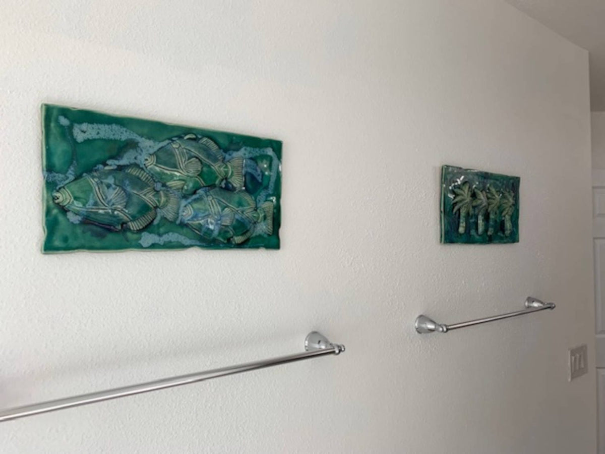 Ceramic Designs by Albert Medium PLaque Seahorse wall artwork, ceramic seahorse wall hanging, seahorse bathroom shower tiles, ceramic seahorse