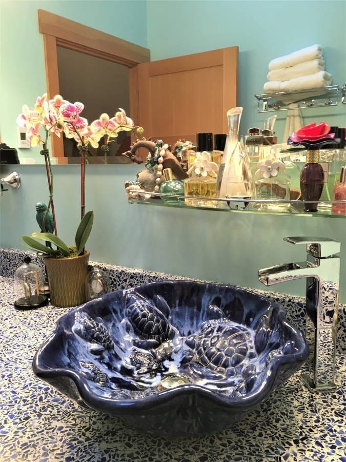 Ceramic Designs by Albert Sink Installation Blue Ceramic Above Vessel Sink