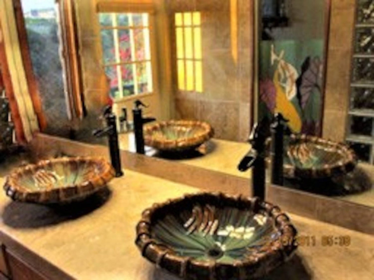 Ceramic Designs by Albert Sink Installation Handmade Bathroom Sinks with Bamboo Rim Motif