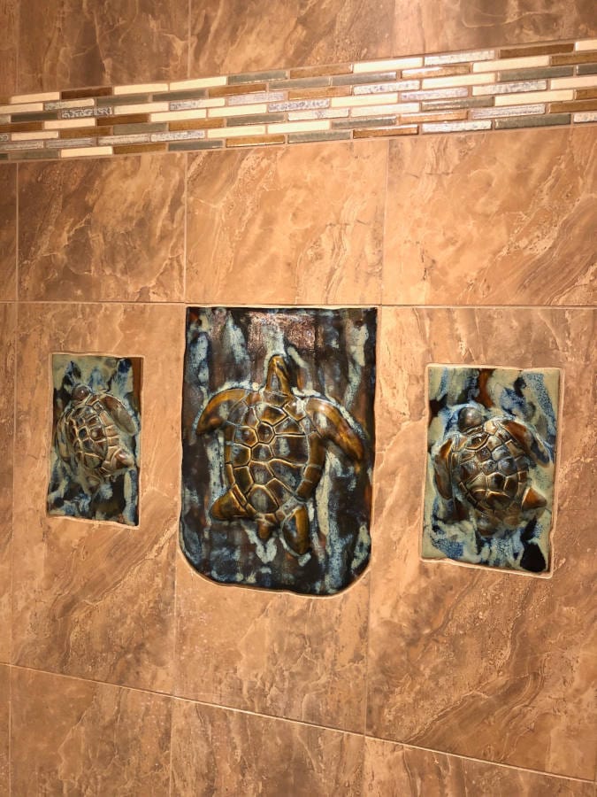 Ceramic Designs by Albert small plaque Bathroom Shower Gecko Will Tiles, Hawaiian tropical wall art, bathroom shower tiles, indoor outdoor gecko tiles, beach house art, ocean art