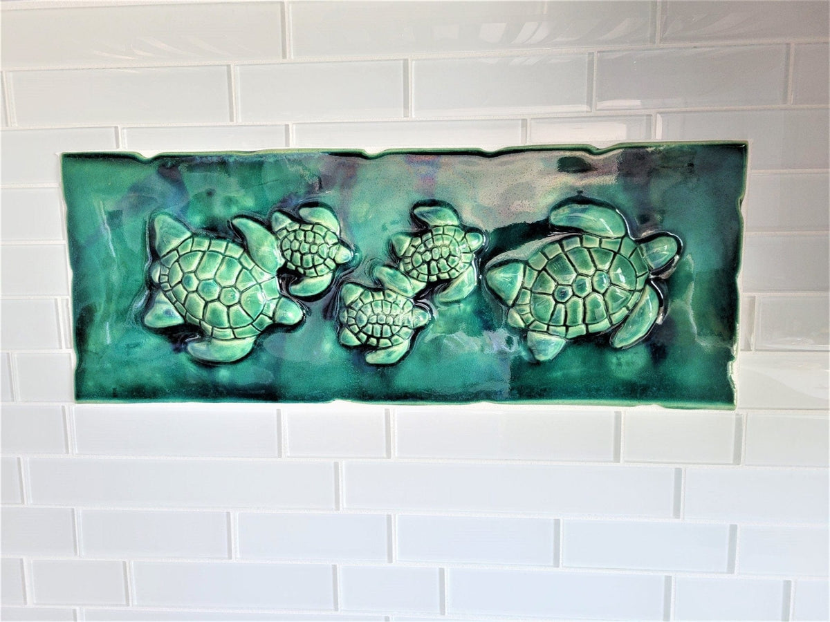 Ceramic Designs by Albert small plaque Tropical Hawaiian Home Decor, Maui Green Sea Turtle Ceramic Wall Art, Bathroom Shower Wall Artwork