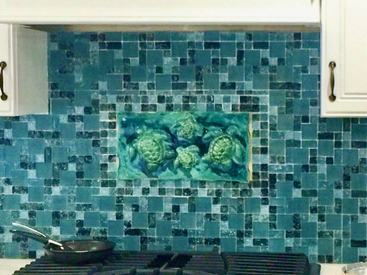 Ceramic Designs by Albert small plaque Tropical Hawaiian Home Decor, Maui Green Sea Turtle Ceramic Wall Art, Bathroom Shower Wall Artwork