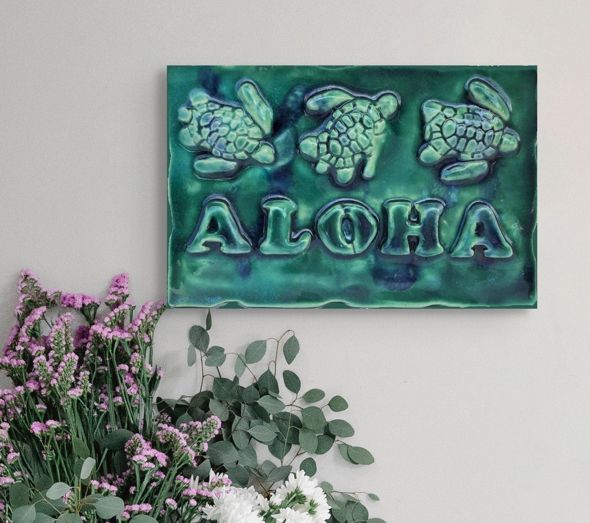 Ceramic Turtle Wall Hanging, Tropical Hawaiian Home Decor, Bathroom Shower Wall Tiles.