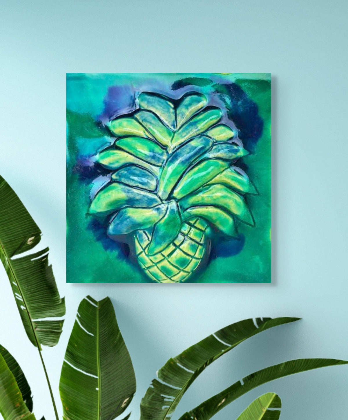 Maui Sweet Pineapple Ceramic Wall Hanging Artwork, green ceramic pineapple, beach house artwork, bathroom shower tiles