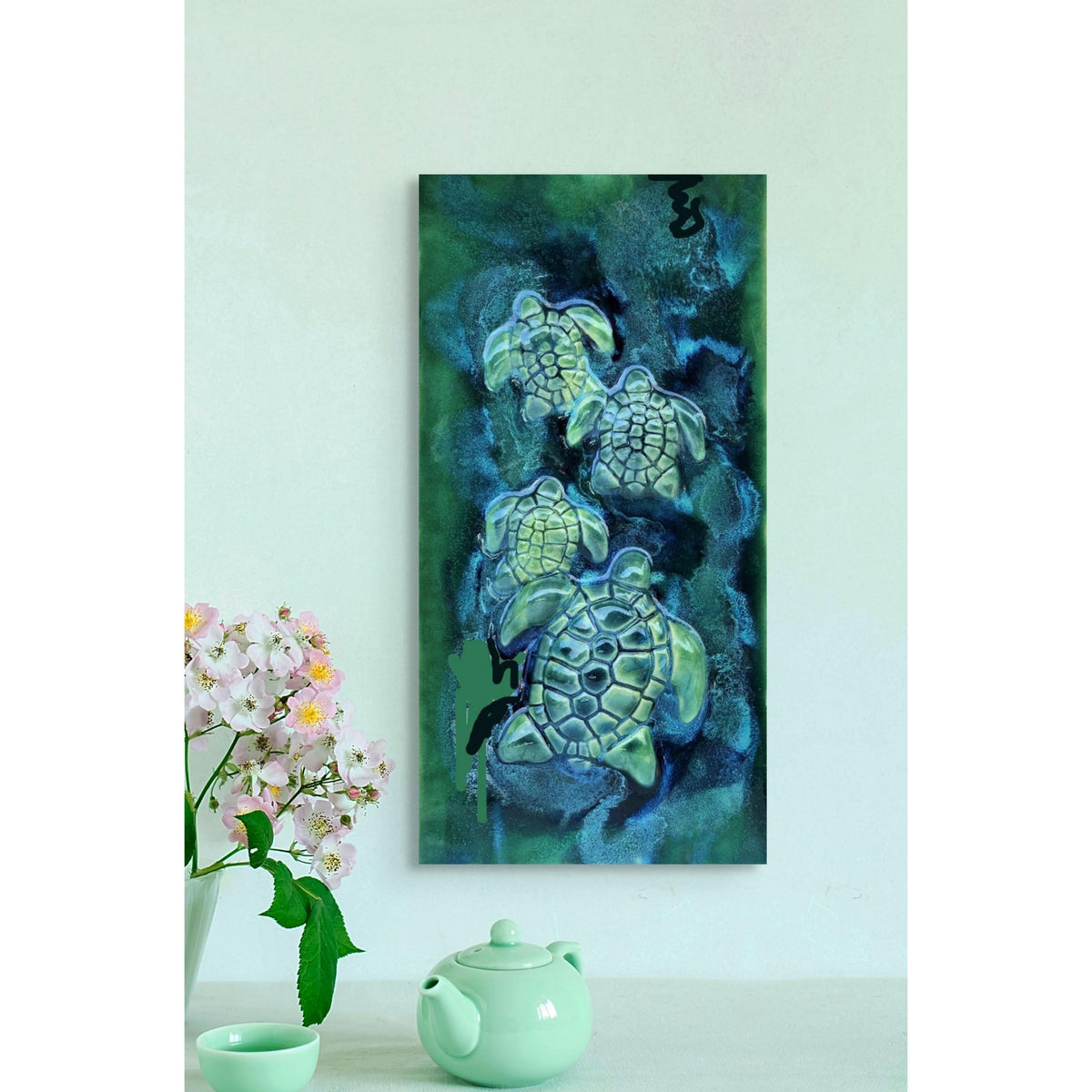 Ceramic Hawaiian green sea turtles wall hanging, ceramic turtle bathroom shower tiles