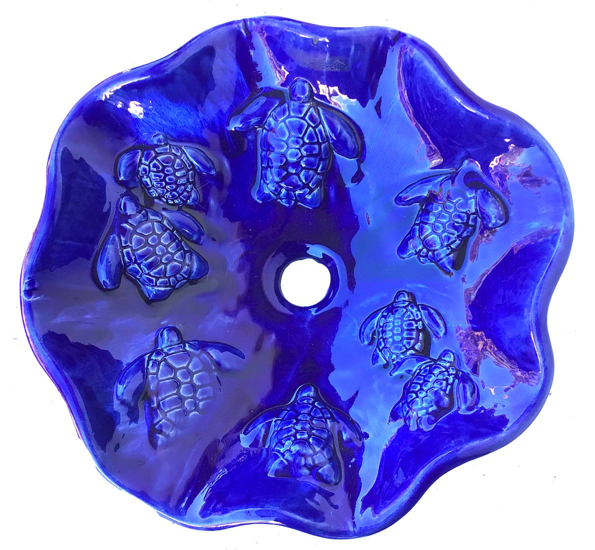 Blue Bathroom Sink with eight 3D turtles on the face of the sink, Hawaiian home decor, sink