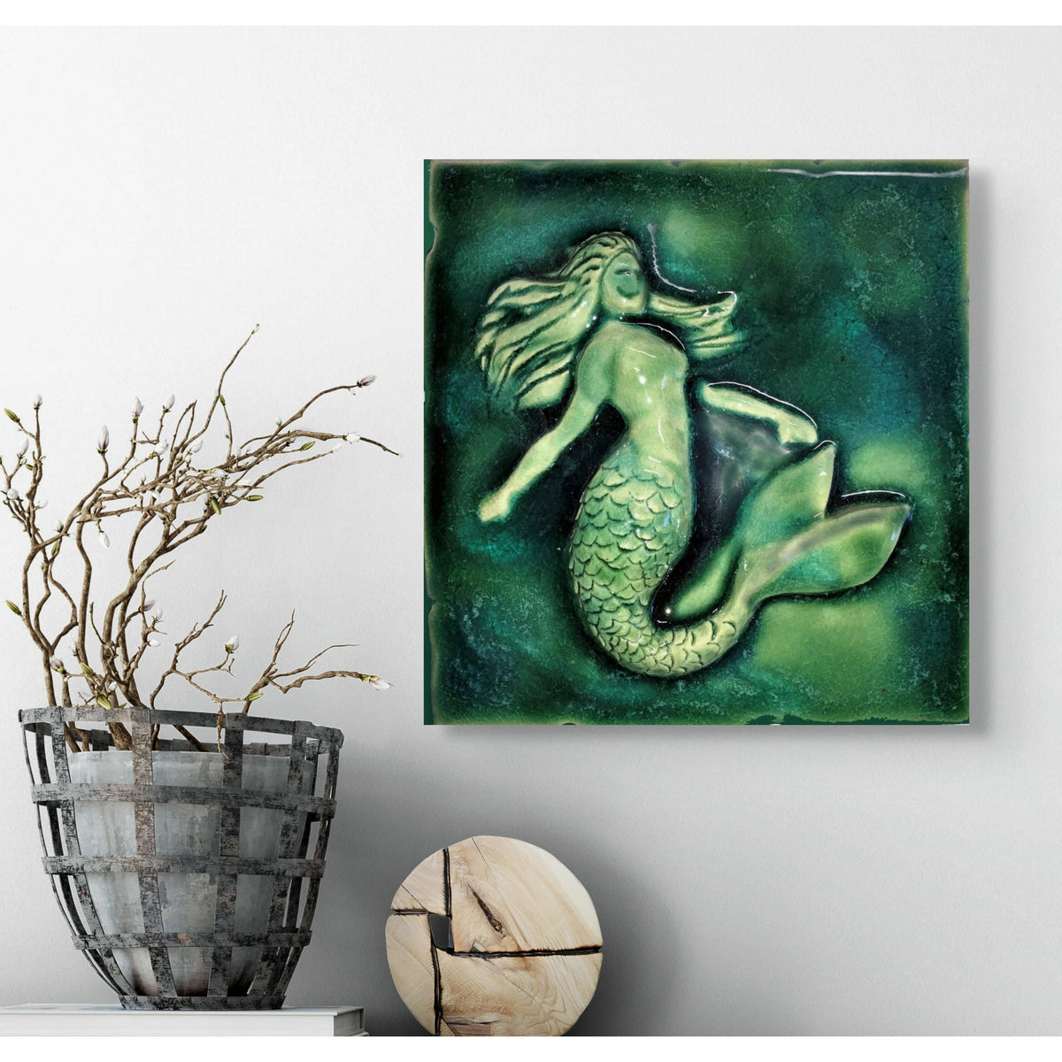 Maui Green Ceramic Mermaid, Ceramic Bathroom Shower Wall Tiles, Tropical Home Wall Artwork, Outdoor indoor tiles