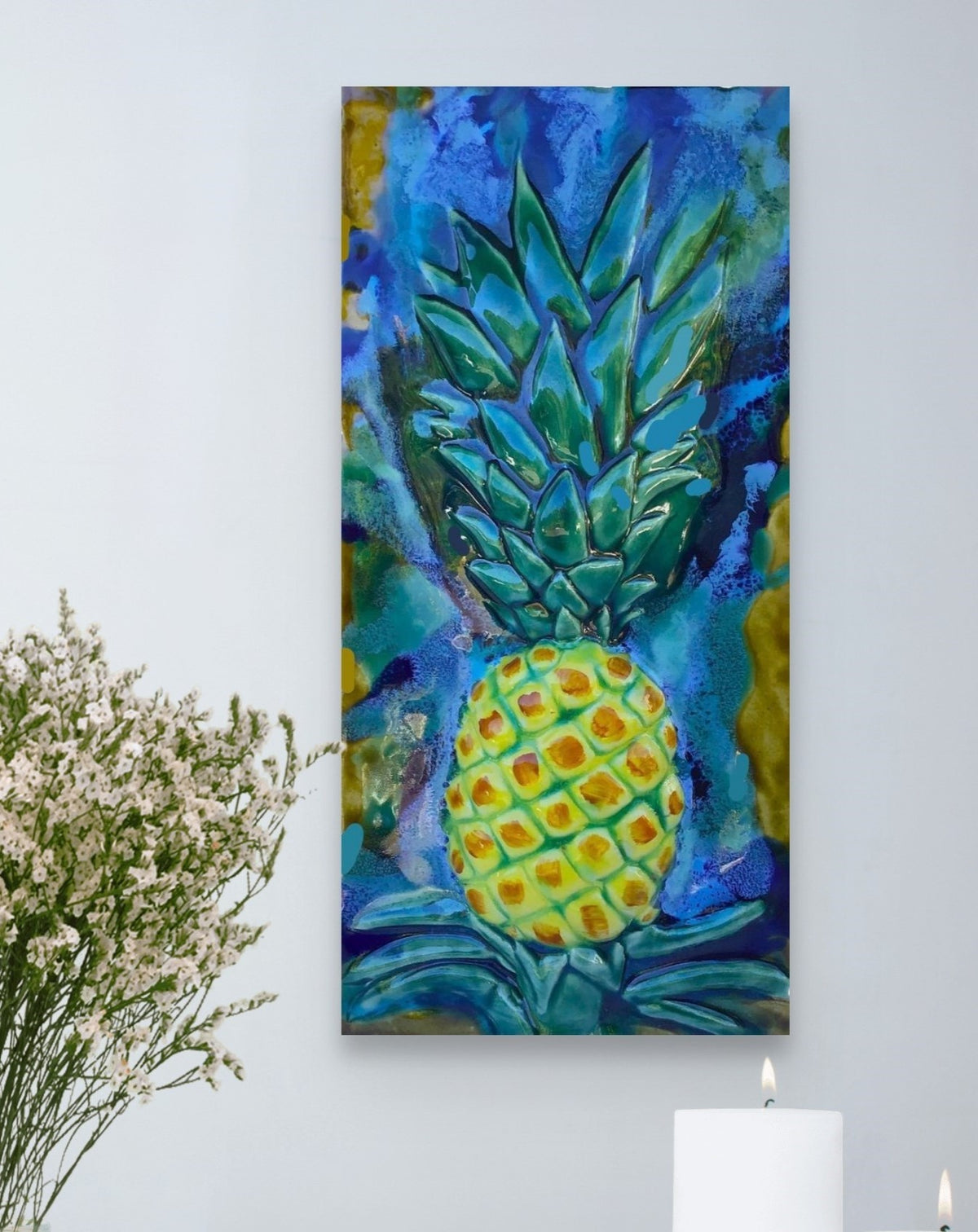 Ceramic Pineapple Wall art, kitchen backsplash tile, tropical pineapple decor, bathroom shower tiles, Maui art